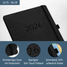 Häfft® Chäff-Timer Deluxe Calendar 2025/2026 A5 "All Black" Book Calendar, Appointment Calendar, Weekly Planner, Diary for 18 Months: July 25 to December 25 - Sustainable and Climate Friendly