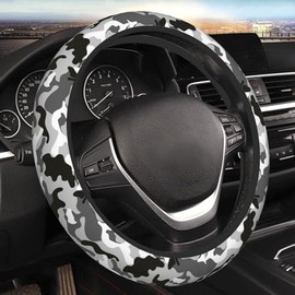 Funda de volante de camuflaje negro y gris y blanco para mujeres, hombres, niñas, accesorios de coche, decoración antideslizante, de neopreno, para volante de auto, protector universal de 15 pulgadas