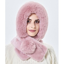 Rayson 2 in 1 Women's Winter Hat Hood Scarf Beanie Ear Scarf Windproof Cold Protection Hat Warm Winter Hooded Scarf Neck Warmer Set Scarf with Bobble Ski Ear Flap, pink