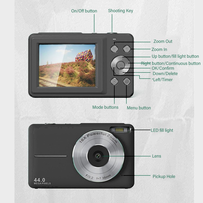 Digital Camera for Teens Kids 44MP 1080P HD 16X Digital
