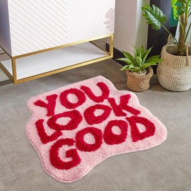 Urtlmaji You Look Good Bath Mat Bathroom Rugs Funny Cute Bath Rugs Non Slip Microfiber Plush Preppy Small Cool Shower Rug Washable Absorbent Floor Mat for Bathtub Sink 30"x24" Red and Pink
