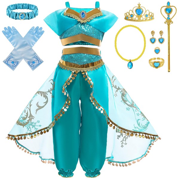 Latocos Jasmine Costume for Girls Arabian Princess Dress Up Costume with Accessories Halloween Cosplay Party Outfit for Kids