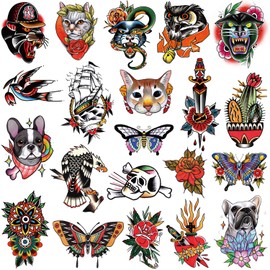 Tazimi 8 sheets Classic Temporary Tattoos Old School Tattoos Stickers Colorful Vintage Flower Arm Swallows Butterflies Eagle Cactus Scorpion Skull Tattoos Sticker for Men Women