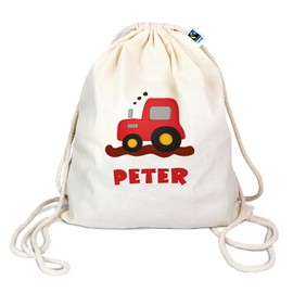 Manilu Gym Bag with Animal Motif and Name of Your Choice, Made of Organic Cotton, Backpack, Sports Bag, Laundry Bag, Children, Gift, Tractor Red