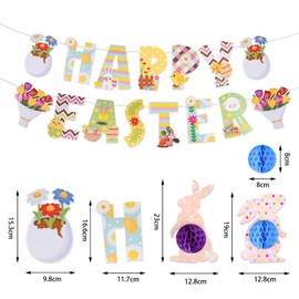 Easter Decorations, 19PCs Easter Banner Decorations, Happy Easter Banner, Easter Bunting for Home Decoration, 3D Easter Honeycomb Bunny Decorations for School Party(Happy Easter Banner+Bunny Ball)