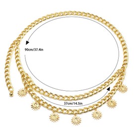 Gold Chain Belt for Women, Adjustable Metal Waist Chain, Sun Pendant, Decorative Waist Belt, Accessories, Women's Golden Belt, Gold Hip Chain, Alloy