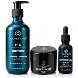 Kit Cuidado Personal Hombre 3 en 1 POCKET CARE  Shampoo Anticada y Crecimiento Capilar con Romero, Sbila y Menta  Crema Facial Antiarrugas con...     