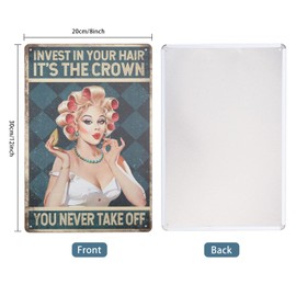 GLOBLELAND Salon Hairdresser Funny Tin Sign Invest In Your Hair It's The Crown You Never Take Off Barber Shop Charming Lady Hairstyling Vintage Tin Sign for Bars Cafe Pubs Barber Shop 11.8x7.8inch