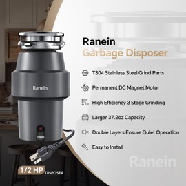 Ranein 1/2 HP Garbage Disposal with Power Cord, Quiet Stainless Steel Grind, Kitchen sink Food Waste Disposer Continuous Feed, DeepCut