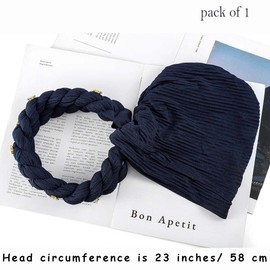 Urieo Turbante africano para la cabeza, trenzado trenzado, suave, preatado, pañuelo para la cabeza, para mujer, Azul marino