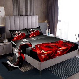 Red Rose Bed Sheets King Romantic 3D Rose Floral Sheets for Women Girls Adult Wine Glass Blossom Banquet Sheet Set Gray Black Flat Fitted Sheet, Flower Petals Valentine's Day Bed Set Bedroom Decor