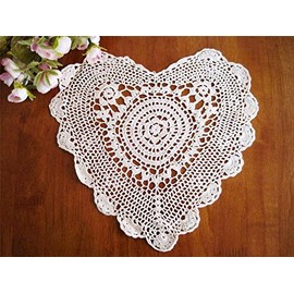 Handmade Crochet Lace Heart Shape Traycloths Doilies, 12-inch, White Color, Set of 2