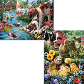 Bits and Pieces - Value Set of Two (2) 500 Piece Jigsaw Puzzles for Adults Cat Nap, Puppy Swimming - Each Puzzle Measures 18" X 24" - 500 pc Jigsaws by Artist Larry Jones