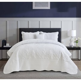 DaisyHuang Botanical Bedspread Full Size - Leaves Pattern Stitching Quilt Set - Elegant & Fresh Style Bedding Coverlets, Reversible, Lightweight, 4 Piece, White