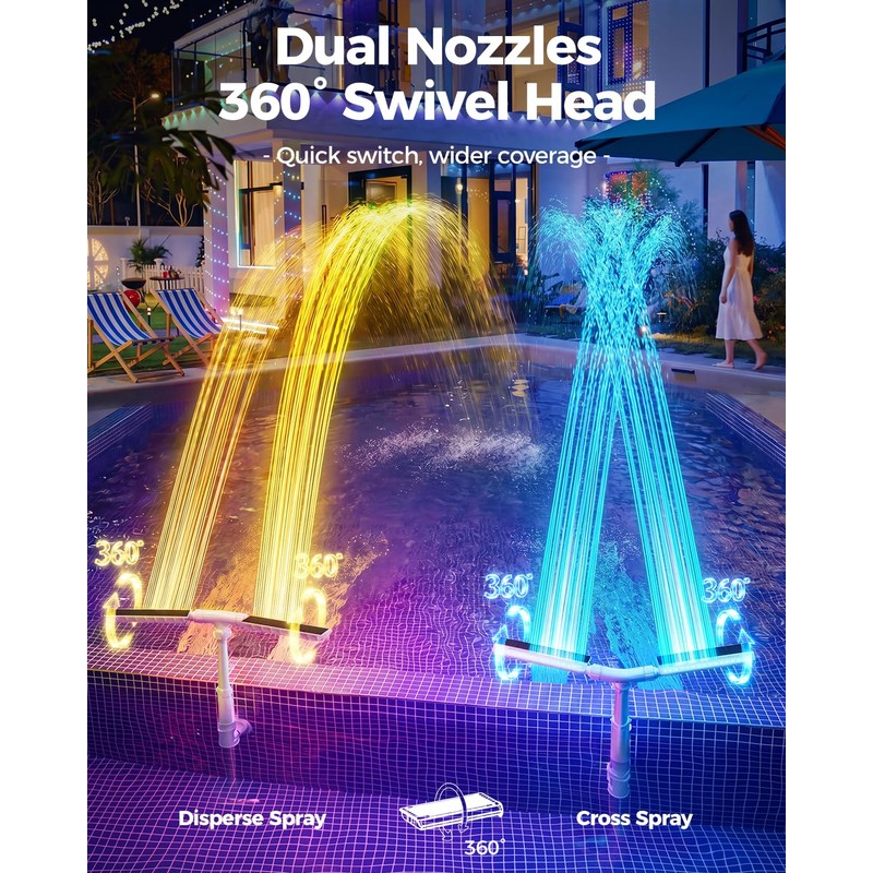 Solar Pool Fountain with Lights, Dual-Head Adjustable Spray, Timer