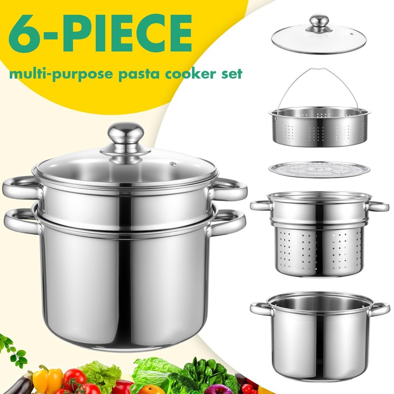Sawysine Stainless Steel Pasta Pot 6-Piece 10 Quart Cooker Steamer