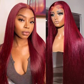 YFFSSJFC 99j Burgundy Lace Front Wigs Human Hair 200 Density 13x6 HD Frontal Straight WigsBurgundy Wig Human Hair Glueless Dark Red Colored Wigs for Women Pre Plucked With Baby Hair 24 Inch