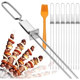 Skewers for Grilling- 17 inch (6 Pack) Double Pronged Flat Stainless Steel BBQ Skewer with Push Bar- Kabob Skewers Skewer Sticks for Camping or family - Reusable, BBQ Accessories