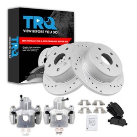 TRQ Rear Performance Brake Pad & Rotor Kit Brake Caliper Brake Pads Brake Rotors Set Semi-Metallic Premium G-Coated Compatible with 2000-2004 Toyota Avalon
