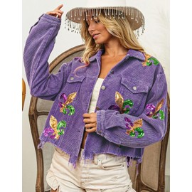 happlan Women's Sequin Embroidery Cropped Frayed Hem Vintage Washed Corduroy Jacket Coat Shacket for Women(0460-Purple-M)