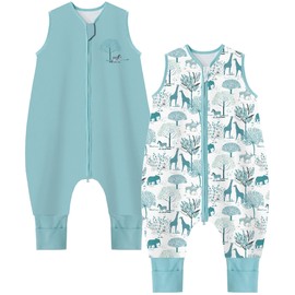 Teechodina Baby Sleeping Bag with Feet, Pack of 2, 100% Cotton, 1.5 Tog, Children's All-Year Sleeping Bag with Legs for Boys and Girls, 1.5 Tog/Blue + Forest Giraffe, 90 cm / Baby Height 100-110 cm