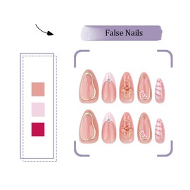 24 PCS Pink Press on Nails Almond Gold False Nails Glossy False Nails with Art Designs for Women and Girls Party Decoration