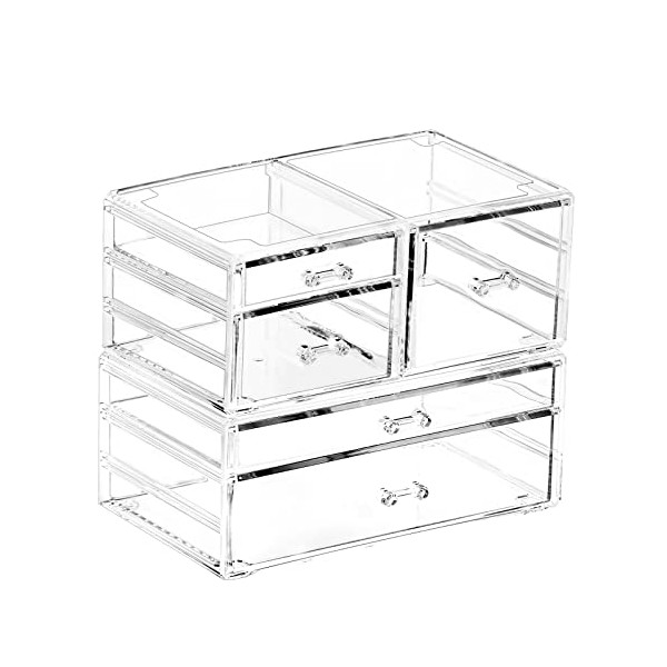 2 PCS Stackable Makeup Storage 5 Drawers Clear Acrylic Bathroom Storage Organizer Acrylic Drawers Organizer for For Jewelry Hair Accessories Nail Polish Lipstick Make up Marker Pen Medicine Organizing