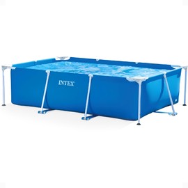 Intex 9.8' x 79" x 29.5" Rectangular Frame Above Ground Outdoor Backyard Swimming Pool with Flow Control Valve for Quick Draining, Blue