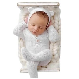 Vemonllas Newborn Photography Props Boys Girls Outfits Mohair Bear Hat Bonnet & Footed Romper Bodysuit Photoshoot Costume Outfits Set (White)