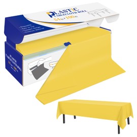 Plastic Table Cover Roll Yellow Disposable Table Cloth 54 in x 100 Ft, Plastic Table Cloths with Slide Cutter, Table Cover for Parties