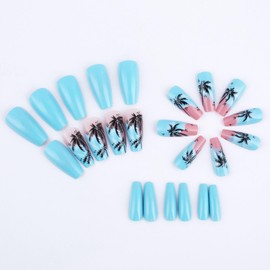 Medium Press on Nails Coffin Fake Nails with Black Coconut Tree Designs Glue on Nails Pink Gradient Blue Nails Press ons Medium Coffin False Nails Acrylic Artificial Stick on Nails for Women 24Pcs