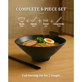 4 Sets (12 Piece) 57 Ounce Large Japanese Ramen Noodle Soup Bowl Melamine Hard Plastic Dishware Ramen Bowl Set with Matching Spoon and Chopsticks for Udon Soba Pho Asian Noodles