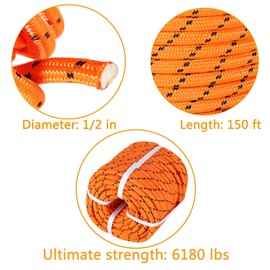 findmall 1/2 Inch Polyester Rope Double Braid Pulling Ropes for Swing Tree Work Orange 150 Feet