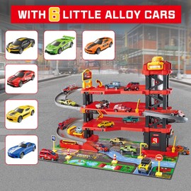Dollox Parking Garage Toy Playset, Race Car Ramp Track Toys Sets Garage Playset with 6 Little Alloy Racer Cars Adventure Track, 3 Parking Levels Christmas Birthdays Gifts for Age 3 4 5 6 7 Boys Girls