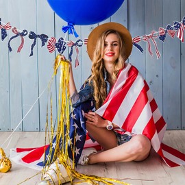 4th of July Bow Banner, Patriotic American Flag Garland, 11 Stars Stripes Flag Bow Paper Cutouts, Navy Blue Red Bow Bunting for American Independence Day, Memorial Day