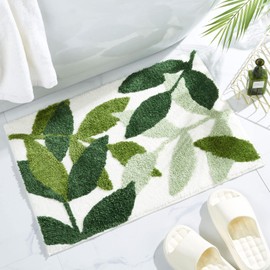 Extra Thick Bath Mat for Bathroom, 18 x 26 in Green Leaf Non Slip Rug, JOMWEN Durable Absorbent Plush Microfiber Small Bathroom Rug for Indoor Shower Bathtub Decor, Doormat Soft and Cozy Fluffy