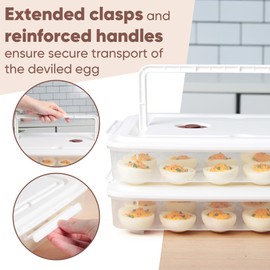 77L Deviled Egg Containers with Lid, (Set of 2), Plastic Deviled Egg Carrier with Handle for 48 Eggs, Clear Storage Devil Egg Platter, Fridge Portable Egg Tray, Perfect for Picnic and Party (White)