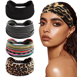 Pack of 4 Women's Headbands, Elastic, Wide Fashion Hair Accessories, Soft Boho Hair Bands, Leopard Print Hair Bands for Women (Black Stripes)