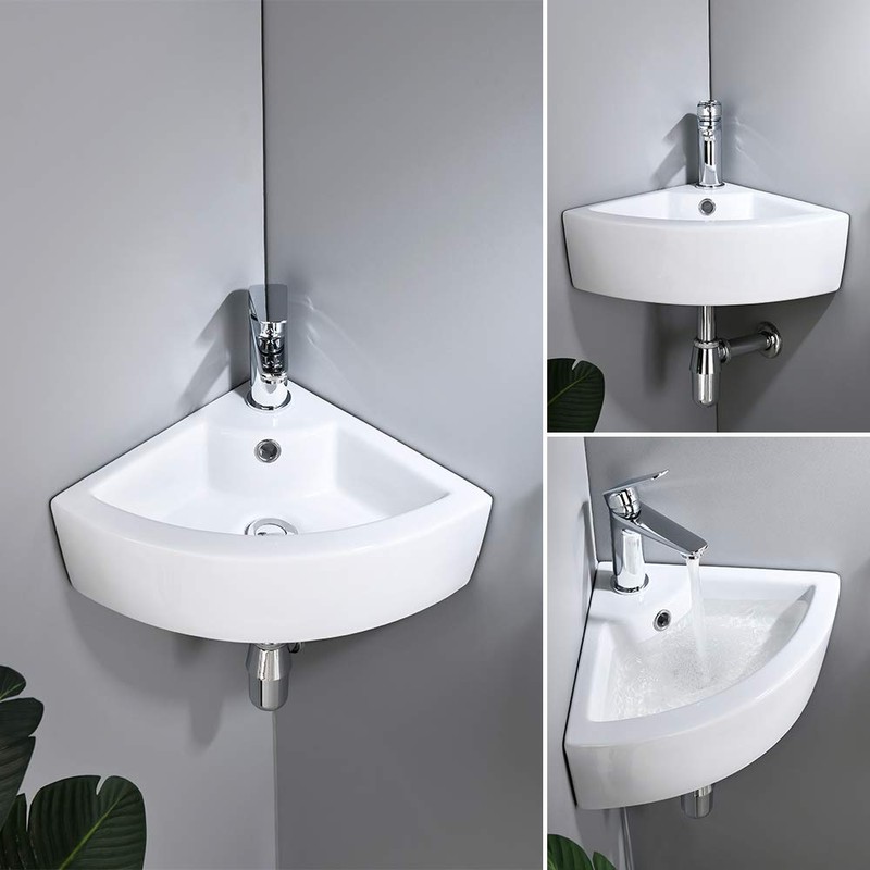 Small Corner Wall Mount Bathroom Sink and Faucet Combo -