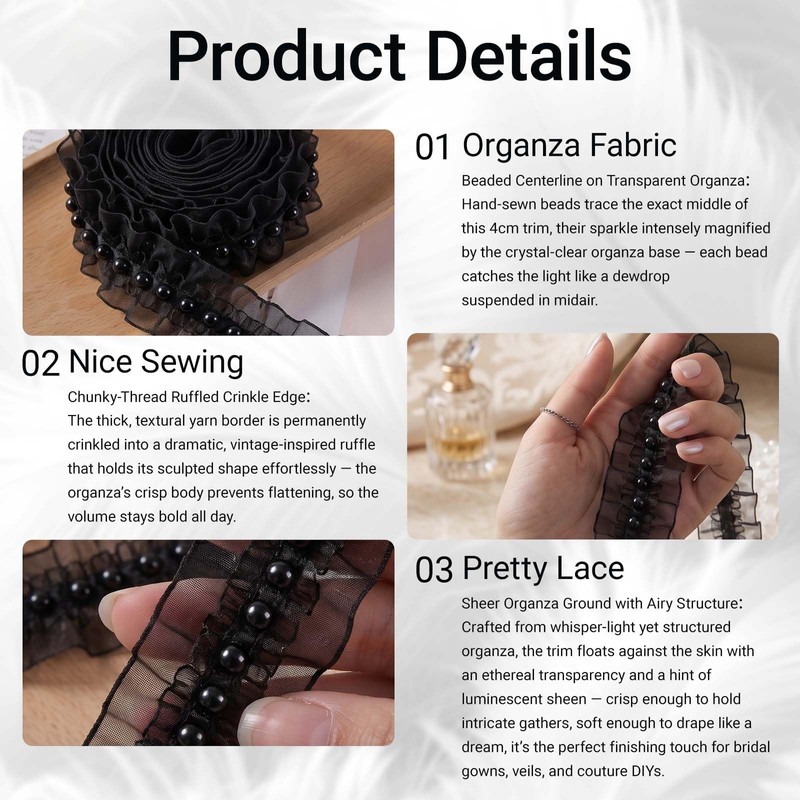 5 Yard Black Organza Lace Trim 1.57 Inch Pearl Beaded