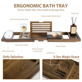 Realgulf Teak Bathtub Tray | Adjustable Width Tray with Wine Holder, Tablet/Phone & Book Stand, Splash-Proof for Bath Time- Walnut