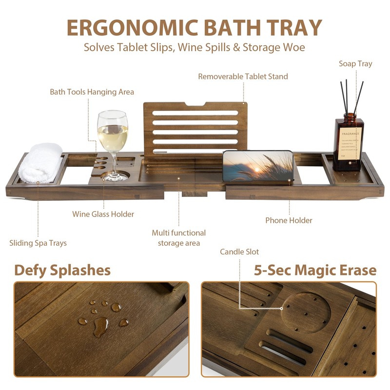 Realgulf Teak Bathtub Tray | Adjustable Width Tray with Wine