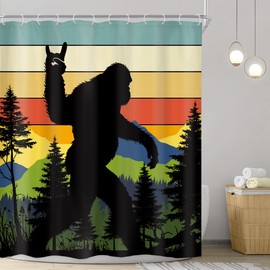 Riyidecor Funny Shower Curtain， Rustic Monkey Mountain Rainforest，Multicolor Cool Hilarious Wild Animal Silhouette Shadow Nature Bathroom Decor Fabric Polyester Waterproof 12 Pack Hooks 60Wx72H Inch