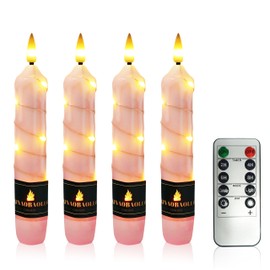 6.5 Inch Short Flameless Taper 4 Pack Pink Handmade Real Wax LED String Surface Candles with 10 Key Remote Timer Battery Operated LED Taper Candle for Wedding Dinner Christmas Holiday Decor
