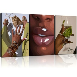 3pcs Framed Black Women Poster Fashion Girl Queen African AmericanWall Art Decor Canvas Print Gallery Picture Hands and Lips Art Painting Living Room Bedroom Dresser Decor 12x16 Inch Ready to Hang