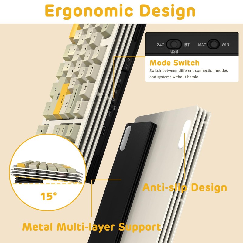 A.JAZZ AKC087 Mechanical Keyboard, Tri-Mode Connection Wireless Keyboard, Multi-Layer Metal