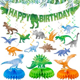 16pcs Dinosaur Watercolor Birthday Party Decorations, Dinosaur Party Decorations Includes Banner, Dinosaur Hanging Swirl, Honeycomb Centerpiece for Boys Kids Watercolor Dinosaur Party Supplies