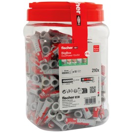fischer DuoPower 10 x 50 in the BigBox, 210 Universal Dowels, Powerful 2-Component Dowels, Plastic Dowels for Mounting in Concrete, Bricks, Stone, Plasterboard Panels and much more, without Screws