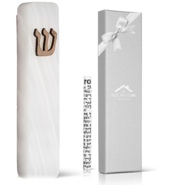 A&S Mezuzot Crystal Marble Mezuzah Case for Door Non-Kosher Scroll Included, Weatherproof Mezzuza, Judaica Gift for Home Blessing and Protection (White+ Wood, 7 Inches)