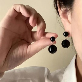 Long Black Pearl Bead Earrings Fashion Large Round Balls Pearls Beaded Dangling Earring for Women Trendy Geometric Beads Statement Jewelry Prom Accessories (Black-1)